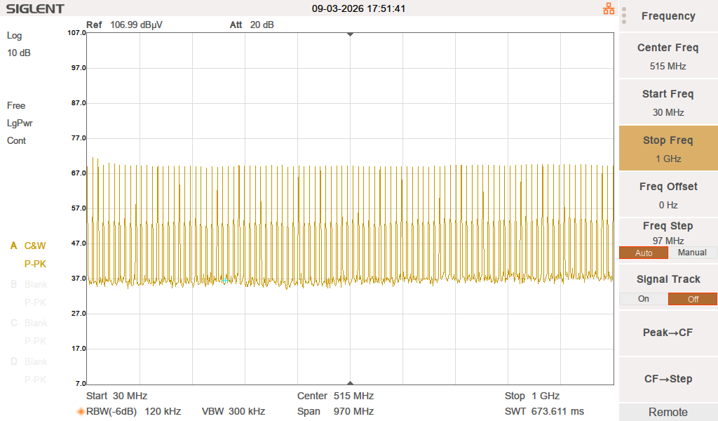 Spectrum analyzer screenshot: TBCG4 comb generator output, 30 MHz to 1 GHz