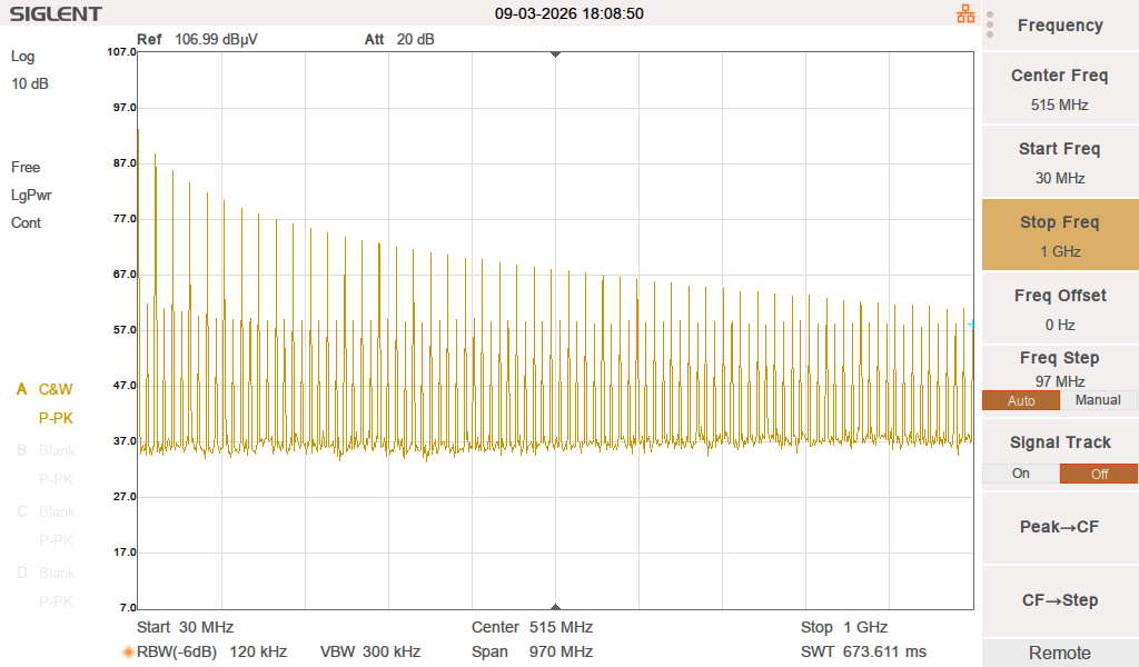 Spectrum analyzer screenshot: LBE-1320 pulser output, 30 MHz to 1 GHz
